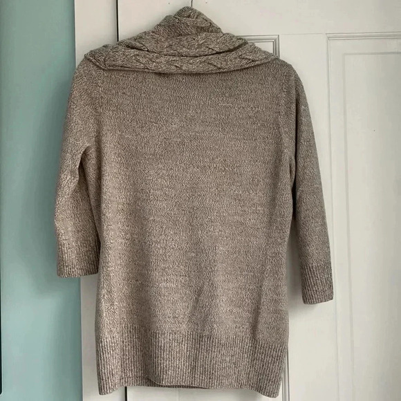 New York & Company Three Quarter Sleeve Knit Braided Turtleneck Tan Sweater M - Picture 7 of 11